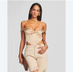 Retrofete Rozik Bodysuit in Nude Off the Shoulders Size XS NWT Satin Silk